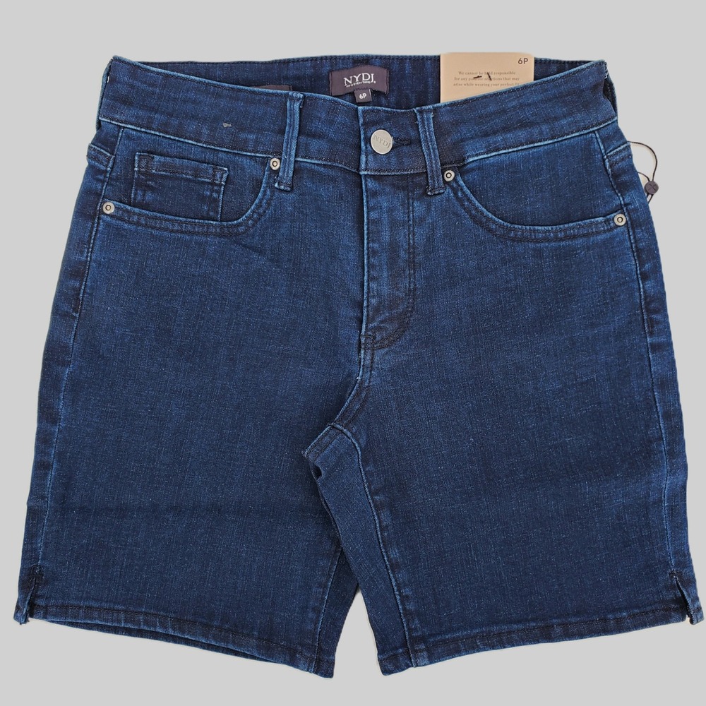 NYDJ Ella Denim Shorts Petite 6P Arise Dark Blue Wash Lift Tuck‎ Side Slits New